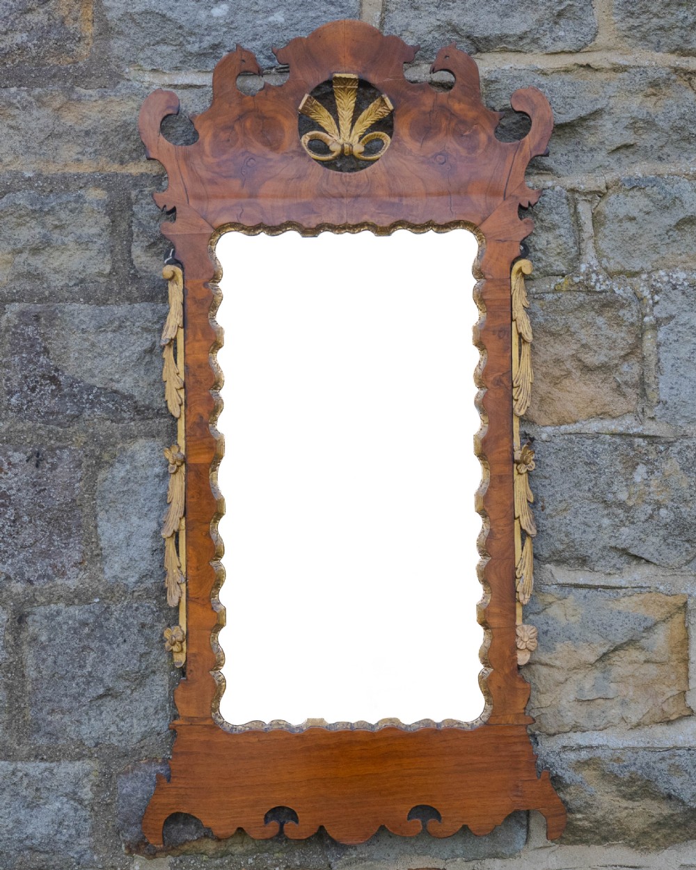 C.18th Burr Walnut Parcel-Gilt Fretwork Pier-Glass Georgian Large Wall Mirror