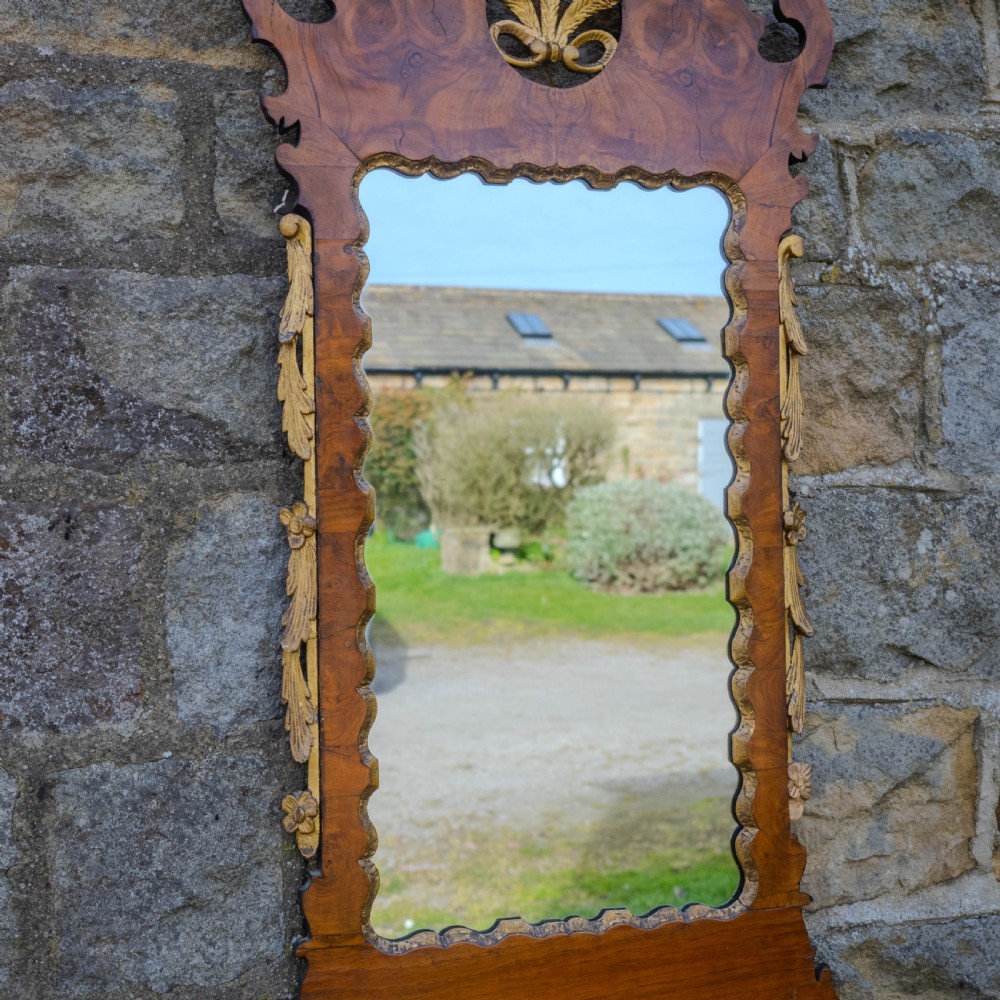 C.18th Burr Walnut Parcel-Gilt Fretwork Pier-Glass Georgian Large Wall Mirror View VI