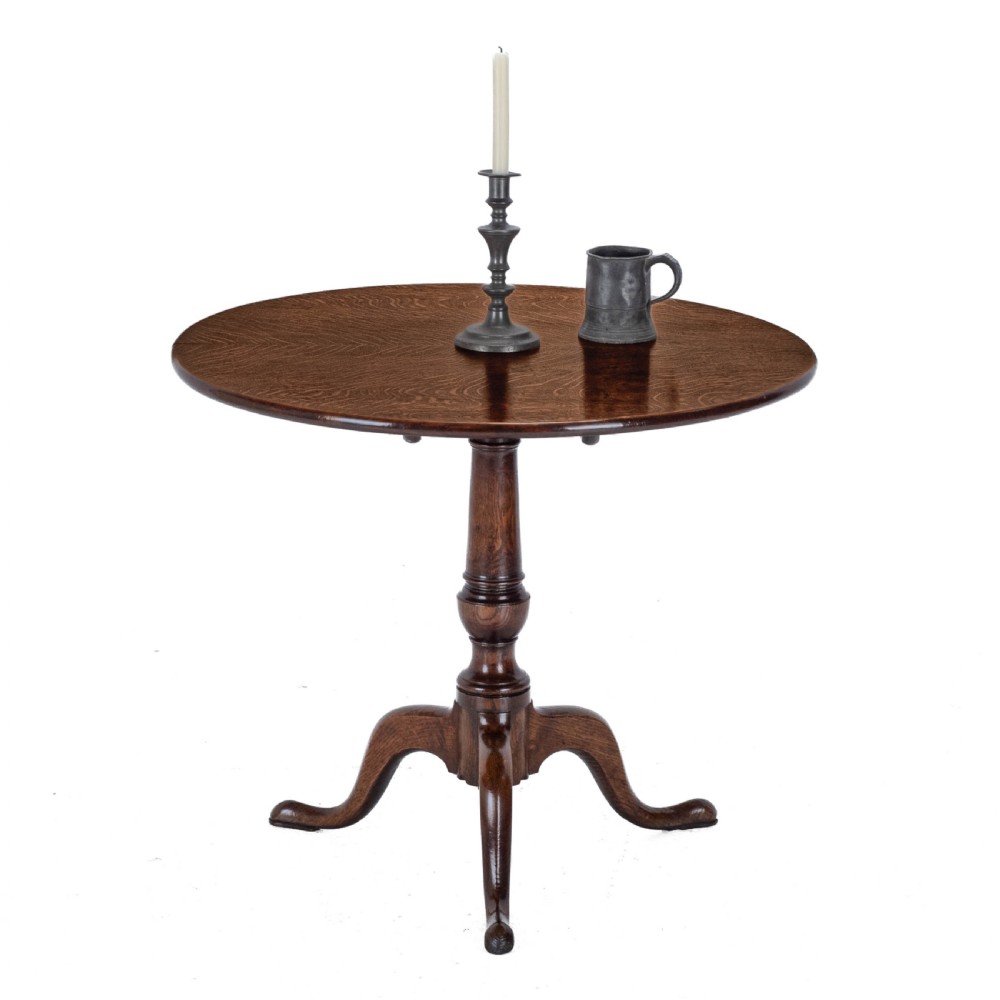 C.18th Well Figured Oak Tripod Supper Table (Quarter Sawn Book Matched Georgian George III Country) View II