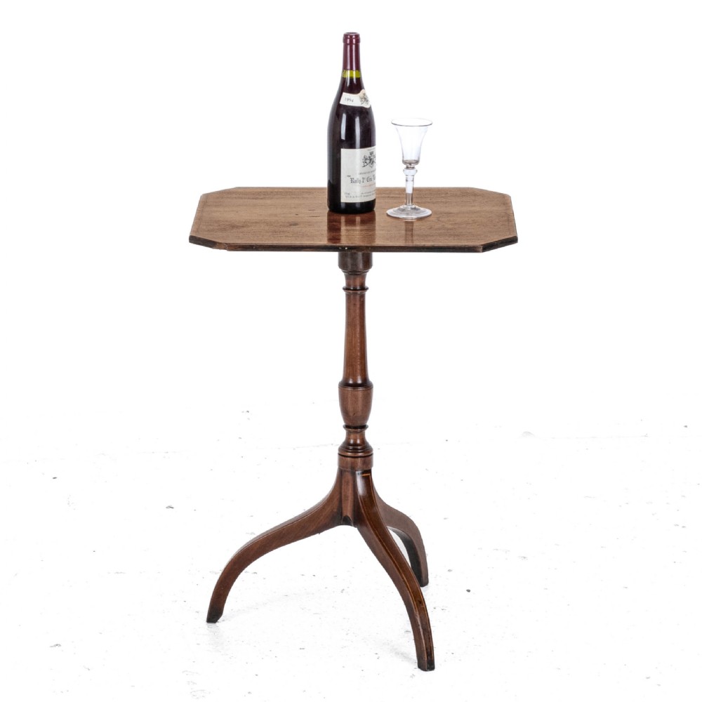 Regency Octagonal Mahogany Inlaid Tilt Top Tripod Wine Side Table circa 1800 (Georgian, George III) View II