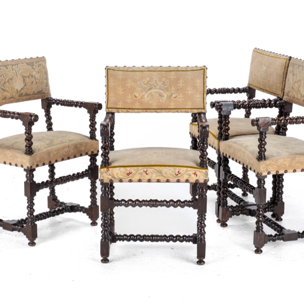 18th Century Set of 4 Cromwellian Style Walnut Barley Twist Tapestery Upholstered Elbow Chairs (Dining Carver Armchairs, Georgian)