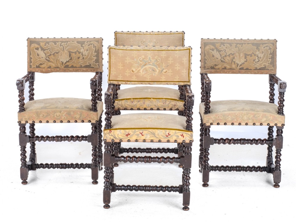 18th Century Set of 4 Cromwellian Style Walnut Barley Twist Tapestery Upholstered Elbow Chairs (Dining Carver Armchairs, Georgian) View II