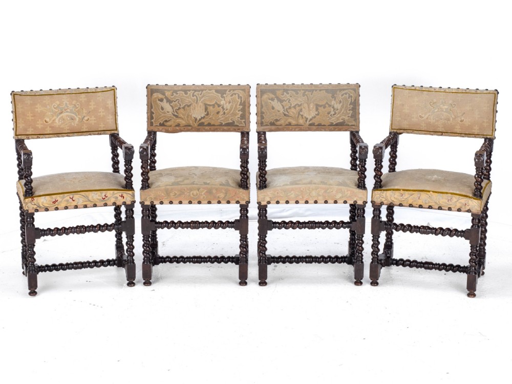 18th Century Set of 4 Cromwellian Style Walnut Barley Twist Tapestery Upholstered Elbow Chairs (Dining Carver Armchairs, Georgian) View III