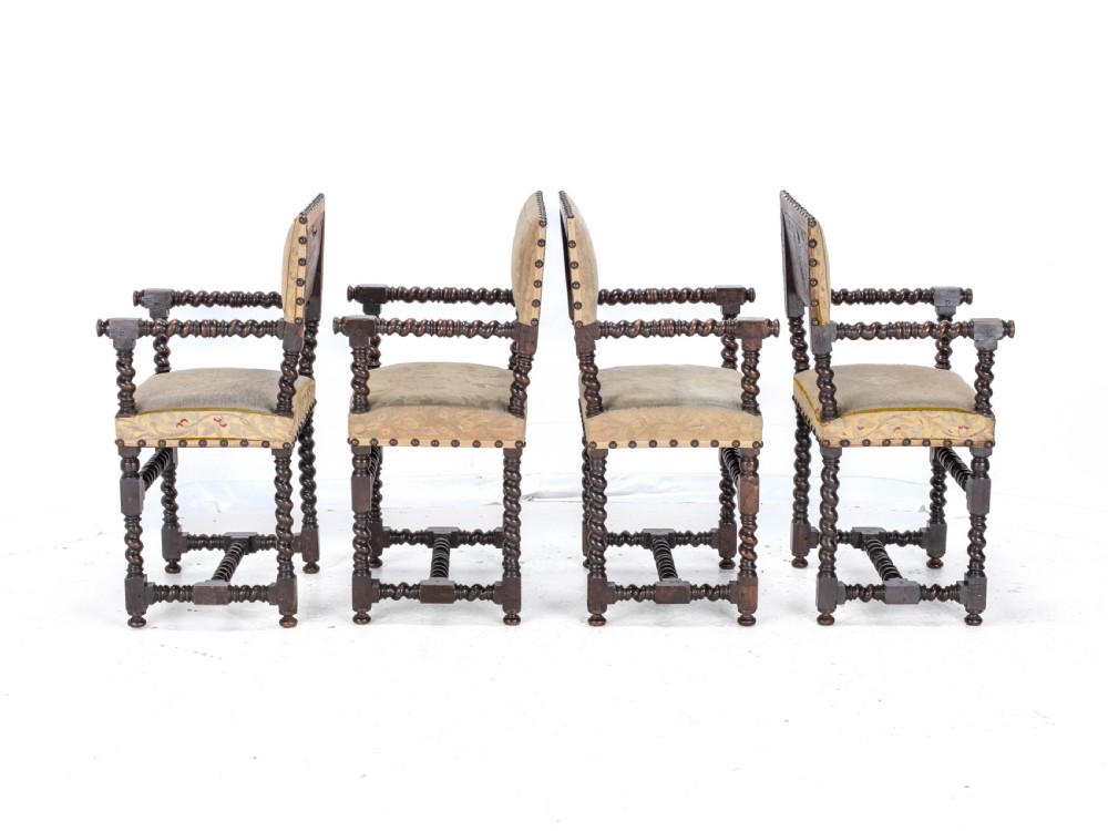 18th Century Set of 4 Cromwellian Style Walnut Barley Twist Tapestery Upholstered Elbow Chairs (Dining Carver Armchairs, Georgian) View IV