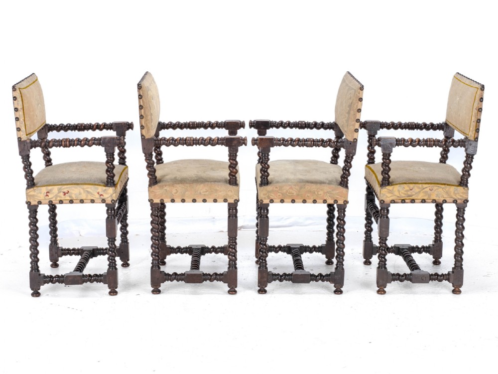 18th Century Set of 4 Cromwellian Style Walnut Barley Twist Tapestery Upholstered Elbow Chairs (Dining Carver Armchairs, Georgian) View V