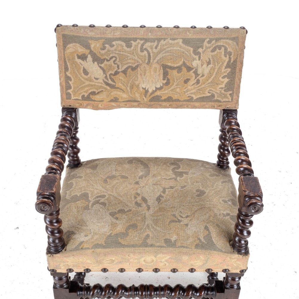 18th Century Set of 4 Cromwellian Style Walnut Barley Twist Tapestery Upholstered Elbow Chairs (Dining Carver Armchairs, Georgian) View VII
