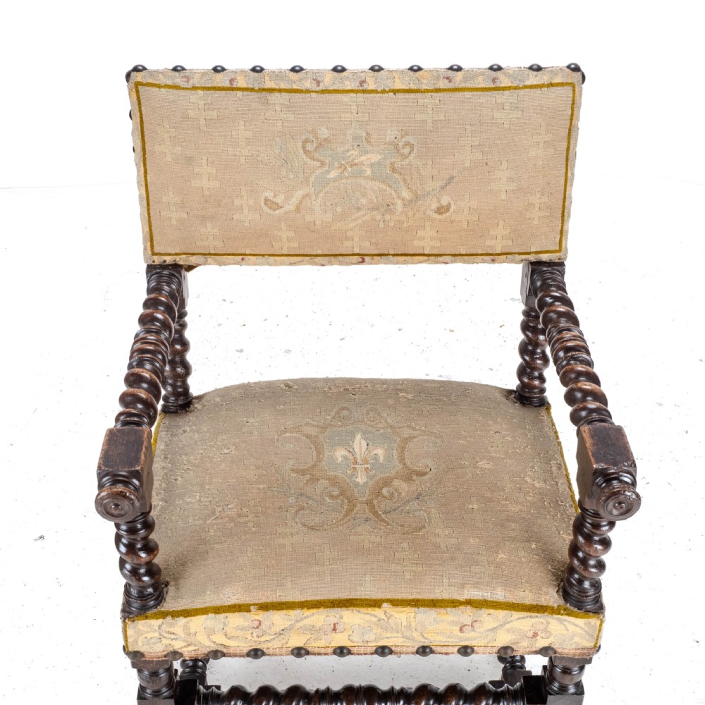 18th Century Set of 4 Cromwellian Style Walnut Barley Twist Tapestery Upholstered Elbow Chairs (Dining Carver Armchairs, Georgian) View VIII