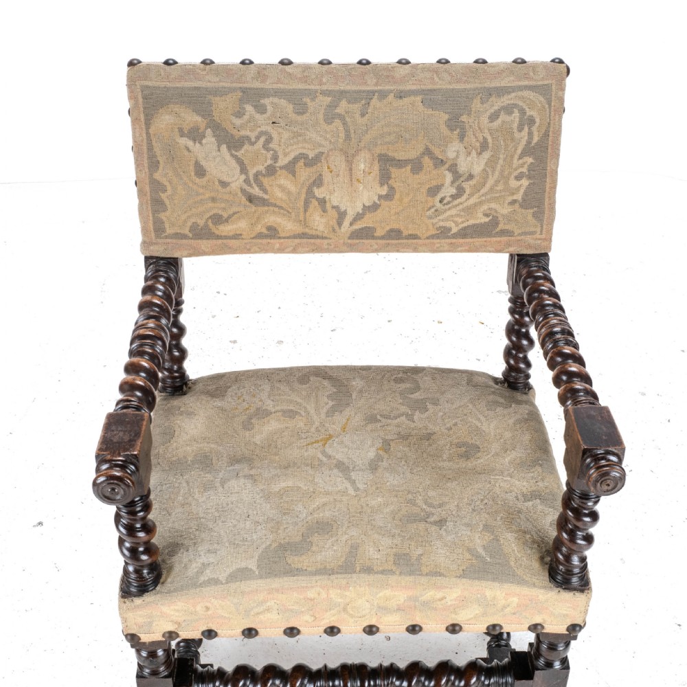 18th Century Set of 4 Cromwellian Style Walnut Barley Twist Tapestery Upholstered Elbow Chairs (Dining Carver Armchairs, Georgian) View IX
