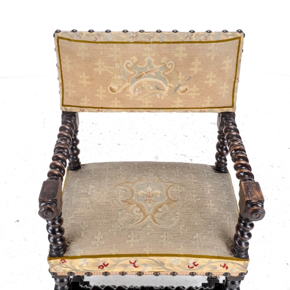 18th Century Set of 4 Cromwellian Style Walnut Barley Twist Tapestery Upholstered Elbow Chairs (Dining Carver Armchairs, Georgian) View X
