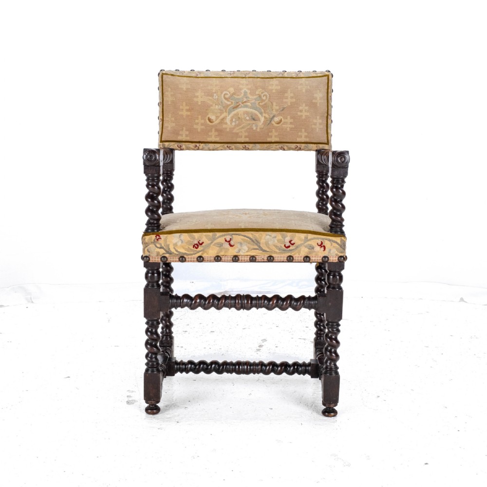 18th Century Set of 4 Cromwellian Style Walnut Barley Twist Tapestery Upholstered Elbow Chairs (Dining Carver Armchairs, Georgian) View XI