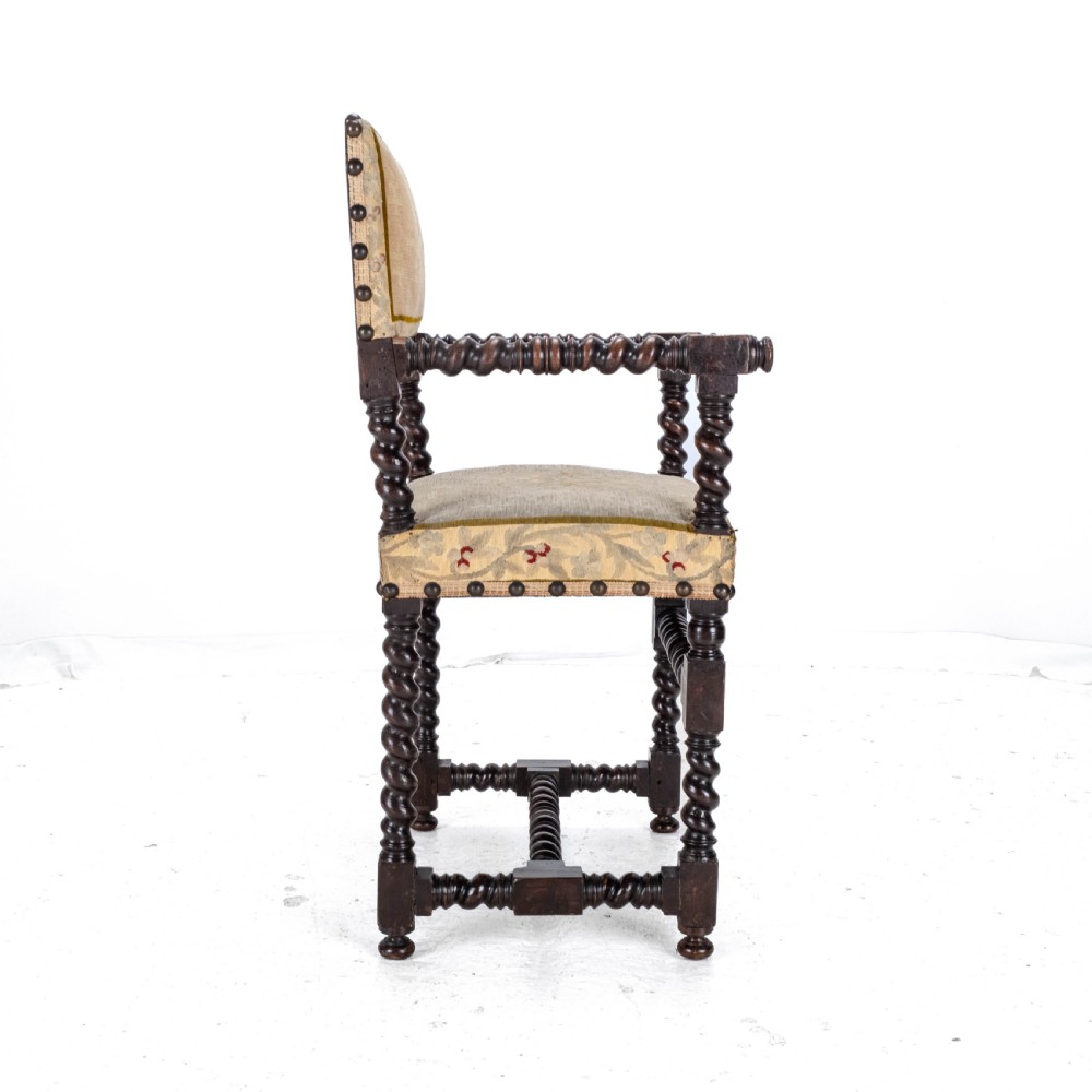 18th Century Set of 4 Cromwellian Style Walnut Barley Twist Tapestery Upholstered Elbow Chairs (Dining Carver Armchairs, Georgian) View XII