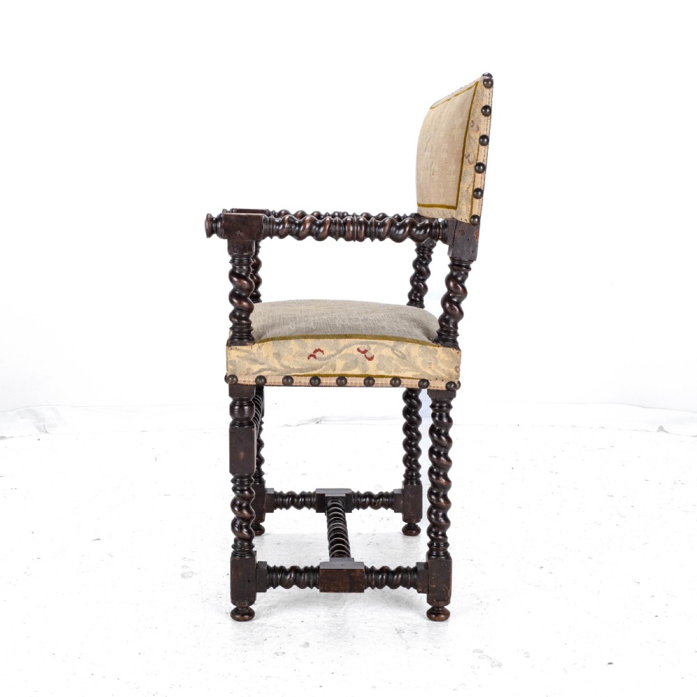 18th Century Set of 4 Cromwellian Style Walnut Barley Twist Tapestery Upholstered Elbow Chairs (Dining Carver Armchairs, Georgian) View XIV