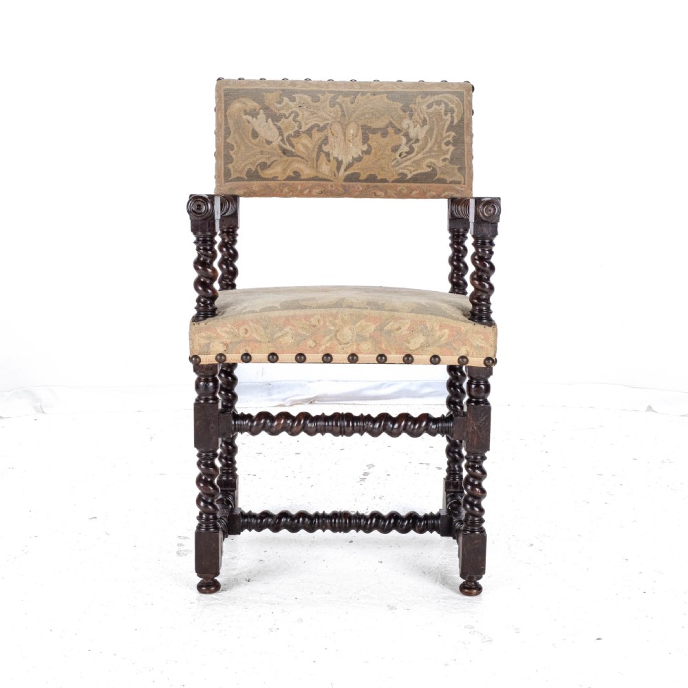 18th Century Set of 4 Cromwellian Style Walnut Barley Twist Tapestery Upholstered Elbow Chairs (Dining Carver Armchairs, Georgian) View XV