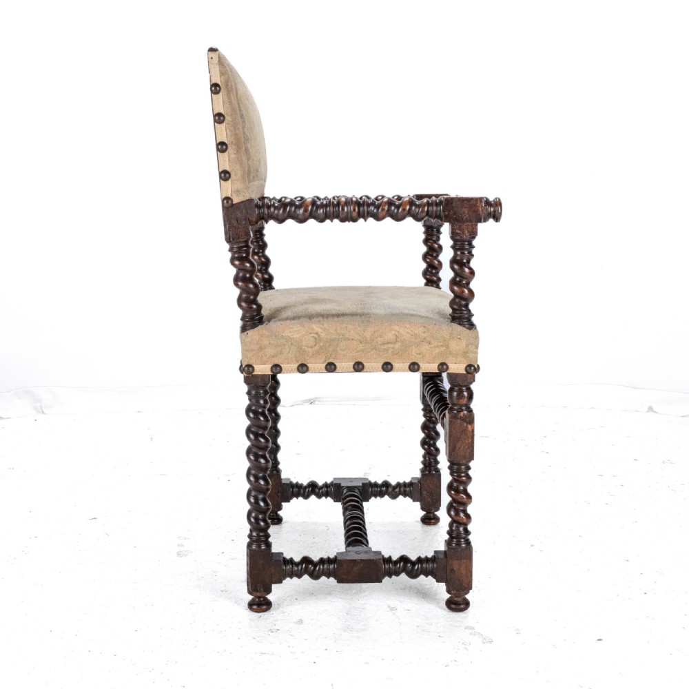 18th Century Set of 4 Cromwellian Style Walnut Barley Twist Tapestery Upholstered Elbow Chairs (Dining Carver Armchairs, Georgian) View XVI