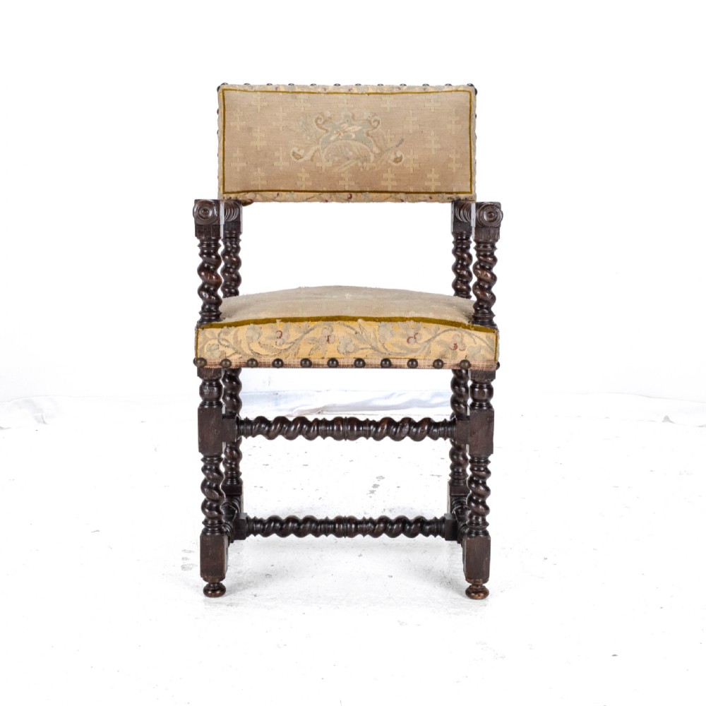 18th Century Set of 4 Cromwellian Style Walnut Barley Twist Tapestery Upholstered Elbow Chairs (Dining Carver Armchairs, Georgian) View XIX