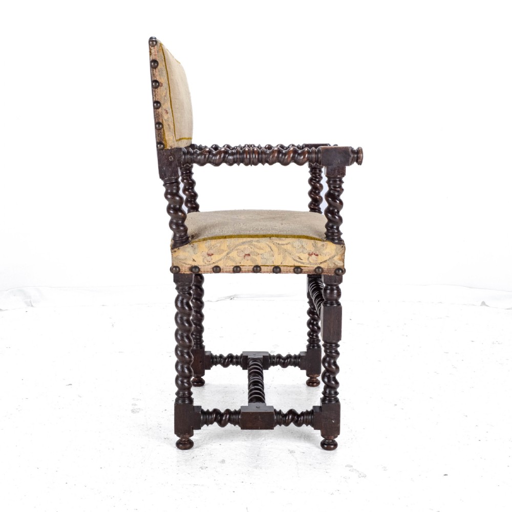 18th Century Set of 4 Cromwellian Style Walnut Barley Twist Tapestery Upholstered Elbow Chairs (Dining Carver Armchairs, Georgian) View XX