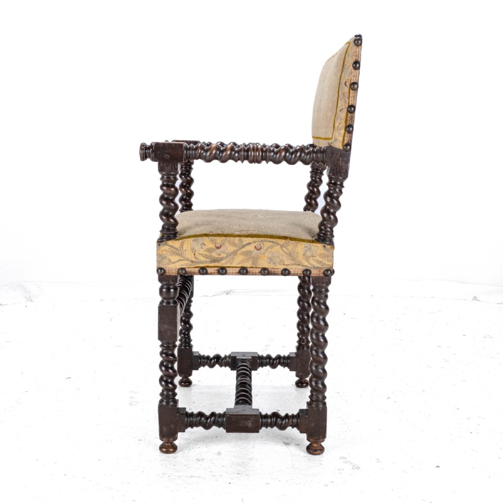 18th Century Set of 4 Cromwellian Style Walnut Barley Twist Tapestery Upholstered Elbow Chairs (Dining Carver Armchairs, Georgian) View XXII