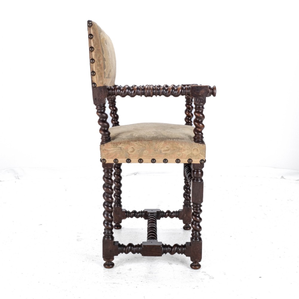18th Century Set of 4 Cromwellian Style Walnut Barley Twist Tapestery Upholstered Elbow Chairs (Dining Carver Armchairs, Georgian) View XXIV