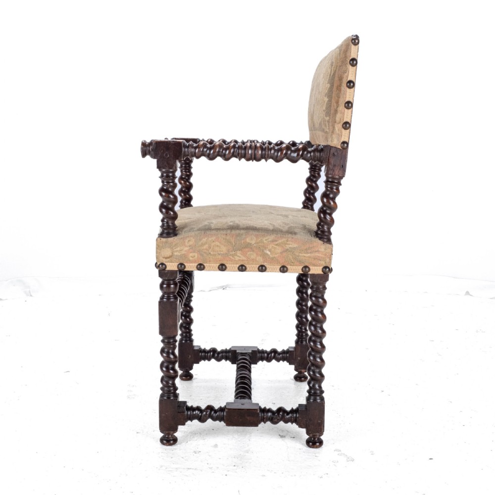 18th Century Set of 4 Cromwellian Style Walnut Barley Twist Tapestery Upholstered Elbow Chairs (Dining Carver Armchairs, Georgian) View XXVI