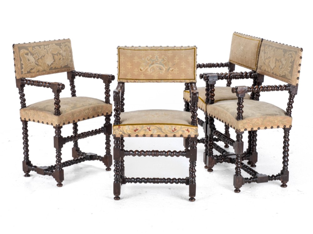 18th Century Set of 4 Cromwellian Style Walnut Barley Twist Tapestery Upholstered Elbow Chairs (Dining Carver Armchairs, Georgian) View XXVII