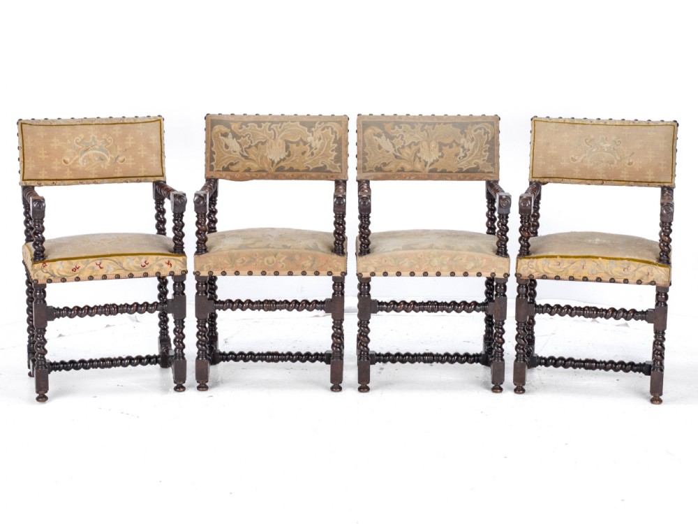 18th Century Set of 4 Cromwellian Style Walnut Barley Twist Tapestery Upholstered Elbow Chairs (Dining Carver Armchairs, Georgian) View XXVIII