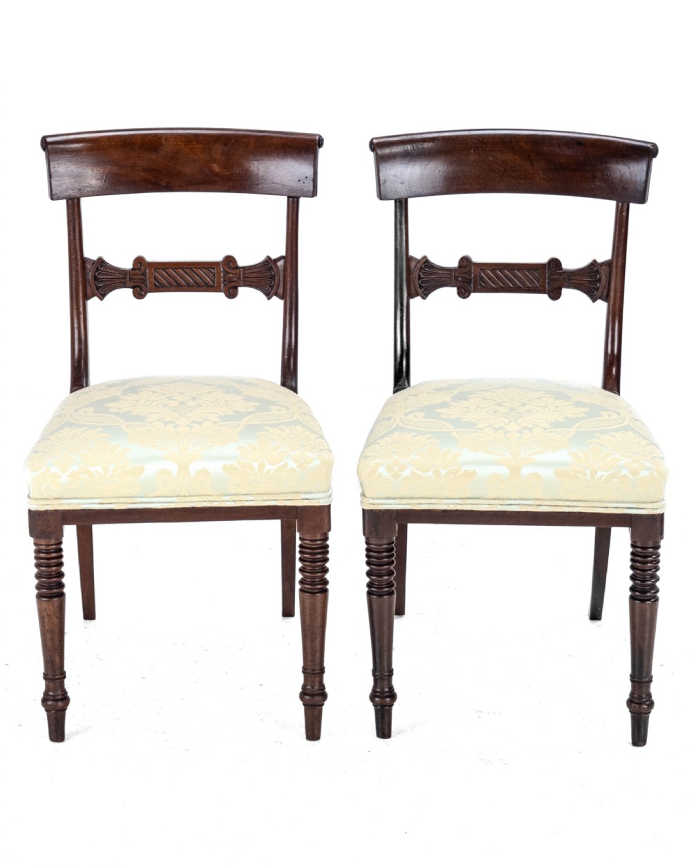 Regency / William IV Bar Back Mahogany Damask Upholstered Side / Dining Chairs Circa 1830, 19th Century (Georgian)