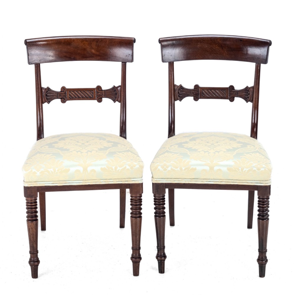 Regency / William IV Bar Back Mahogany Damask Upholstered Side / Dining Chairs Circa 1830, 19th Century (Georgian) View II