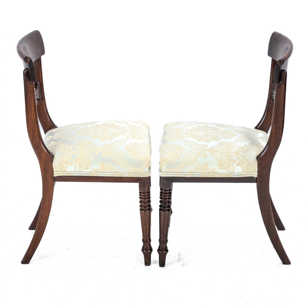 Regency / William IV Bar Back Mahogany Damask Upholstered Side / Dining Chairs Circa 1830, 19th Century (Georgian) View VIII