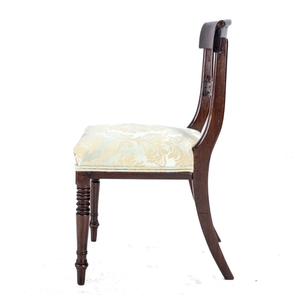 Regency / William IV Bar Back Mahogany Damask Upholstered Side / Dining Chairs Circa 1830, 19th Century (Georgian) View XIII