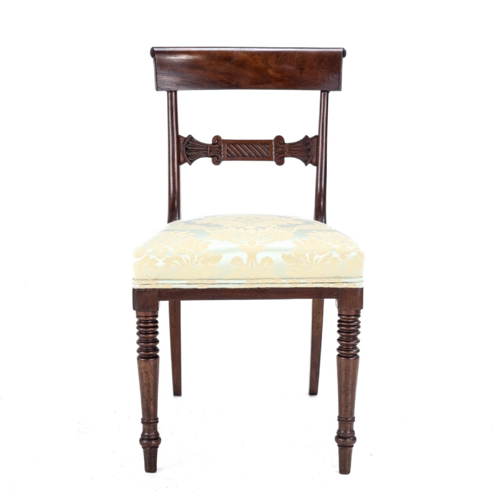 Regency / William IV Bar Back Mahogany Damask Upholstered Side / Dining Chairs Circa 1830, 19th Century (Georgian) View XIV