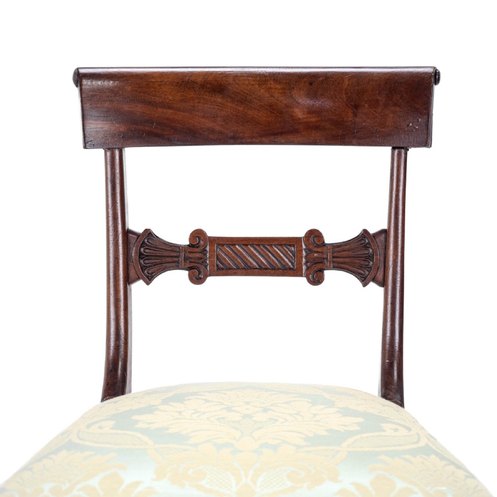 Regency / William IV Bar Back Mahogany Damask Upholstered Side / Dining Chairs Circa 1830, 19th Century (Georgian) View XVIII