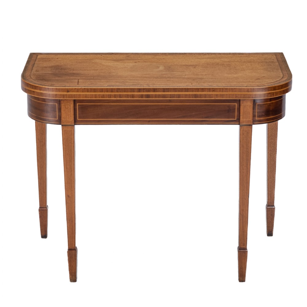 Georgian Satinwood, Rosewood Crossbanded Mahogany Console Fold-over Tea Table with Ebony, Boxwood Strung Inlaid Borders circa 1800 (Regency, George III)