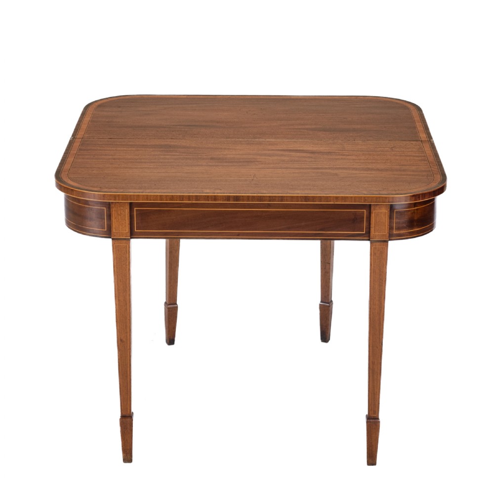 Georgian Satinwood, Rosewood Crossbanded Mahogany Console Fold-over Tea Table with Ebony, Boxwood Strung Inlaid Borders circa 1800 (Regency, George III) View II