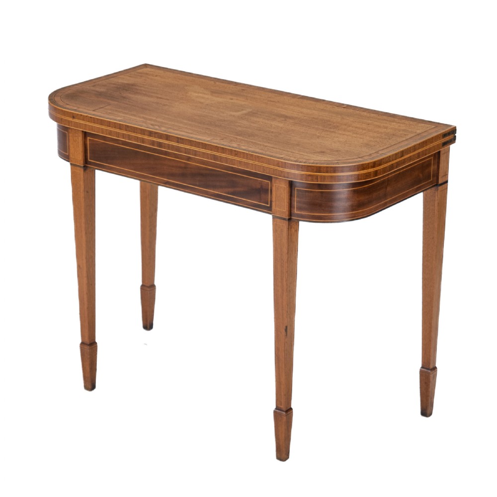 Georgian Satinwood, Rosewood Crossbanded Mahogany Console Fold-over Tea Table with Ebony, Boxwood Strung Inlaid Borders circa 1800 (Regency, George III) View III