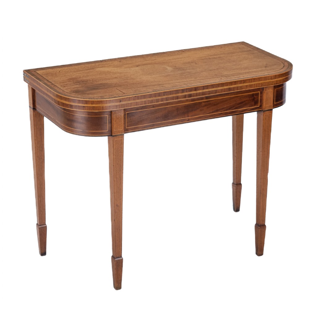 Georgian Satinwood, Rosewood Crossbanded Mahogany Console Fold-over Tea Table with Ebony, Boxwood Strung Inlaid Borders circa 1800 (Regency, George III) View IV