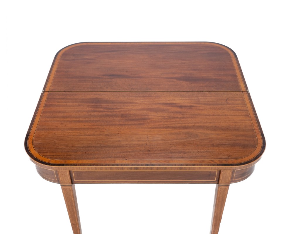 Georgian Satinwood, Rosewood Crossbanded Mahogany Console Fold-over Tea Table with Ebony, Boxwood Strung Inlaid Borders circa 1800 (Regency, George III) View V
