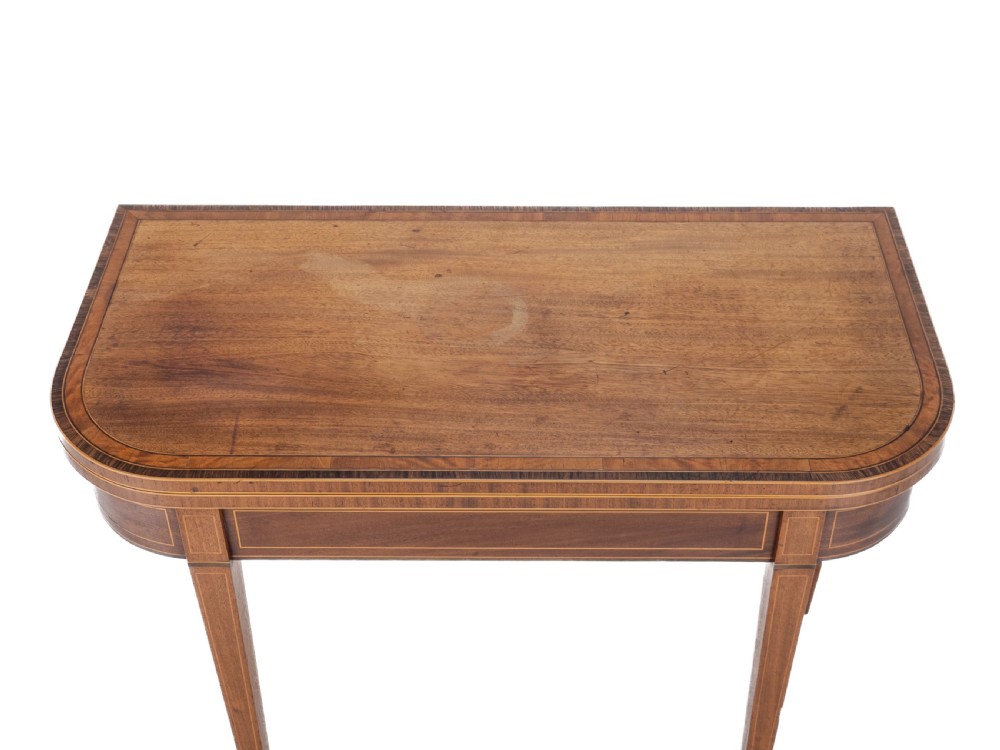 Georgian Satinwood, Rosewood Crossbanded Mahogany Console Fold-over Tea Table with Ebony, Boxwood Strung Inlaid Borders circa 1800 (Regency, George III) View VII