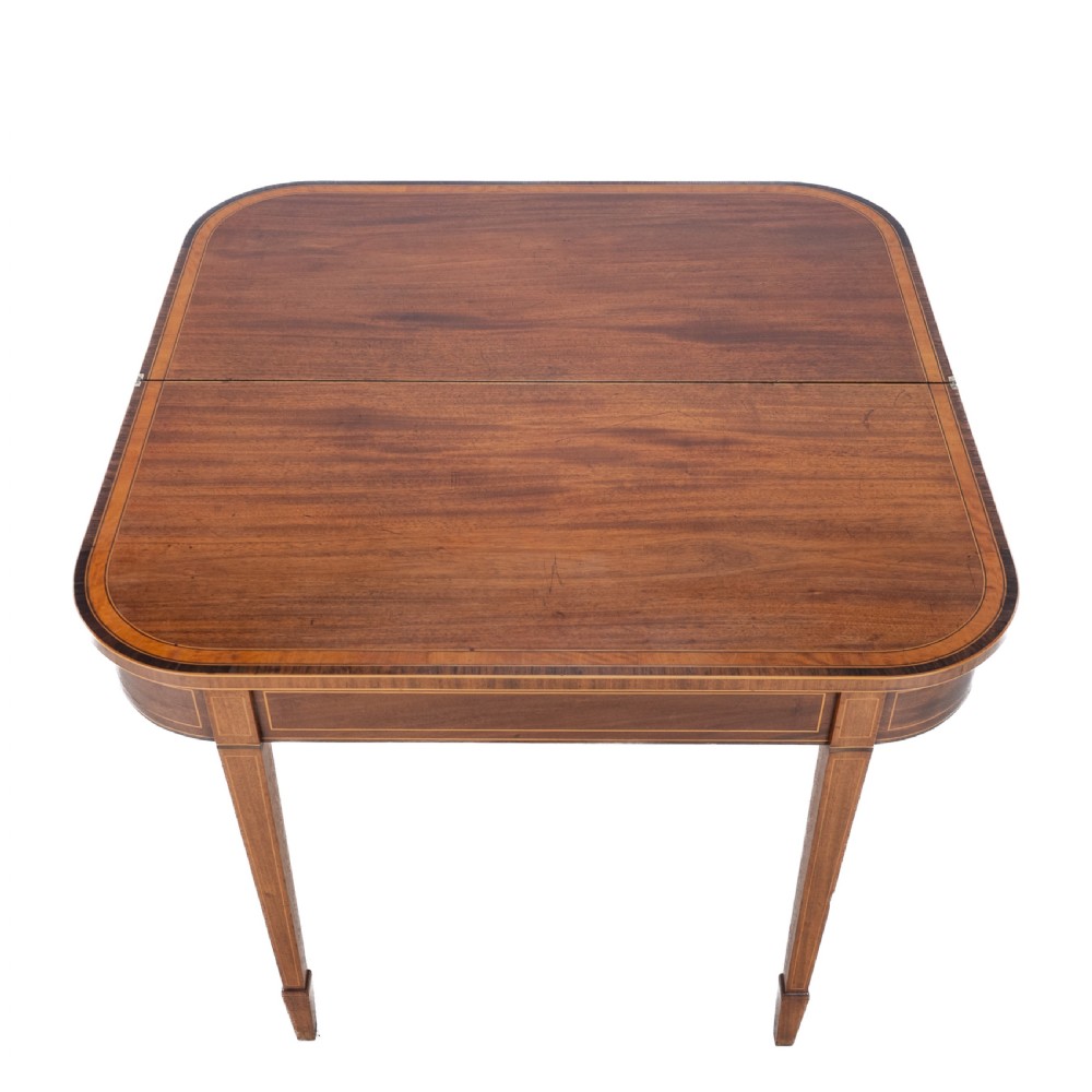 Georgian Satinwood, Rosewood Crossbanded Mahogany Console Fold-over Tea Table with Ebony, Boxwood Strung Inlaid Borders circa 1800 (Regency, George III) View VIII