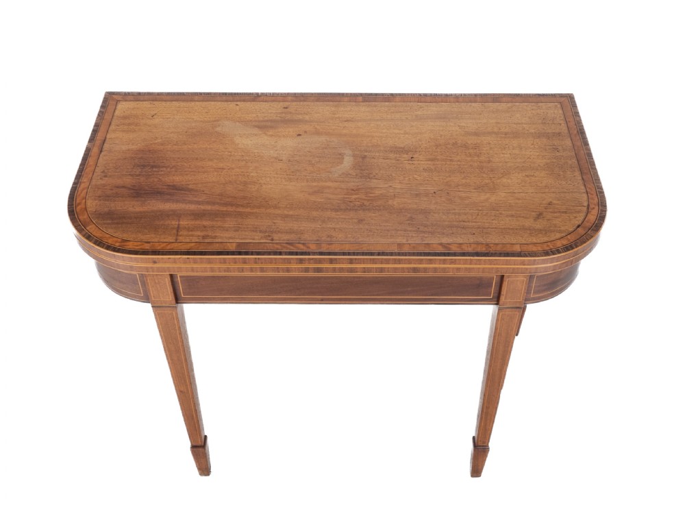Georgian Satinwood, Rosewood Crossbanded Mahogany Console Fold-over Tea Table with Ebony, Boxwood Strung Inlaid Borders circa 1800 (Regency, George III) View IX