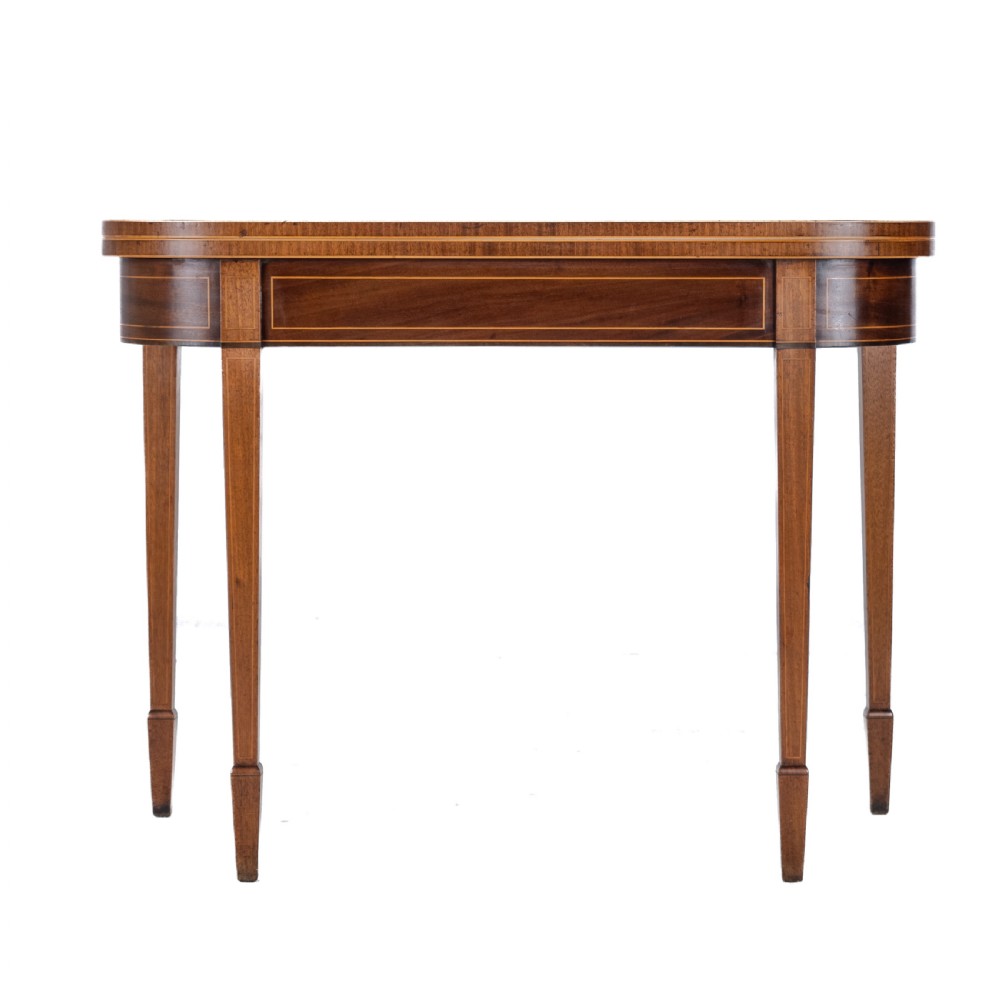 Georgian Satinwood, Rosewood Crossbanded Mahogany Console Fold-over Tea Table with Ebony, Boxwood Strung Inlaid Borders circa 1800 (Regency, George III) View X