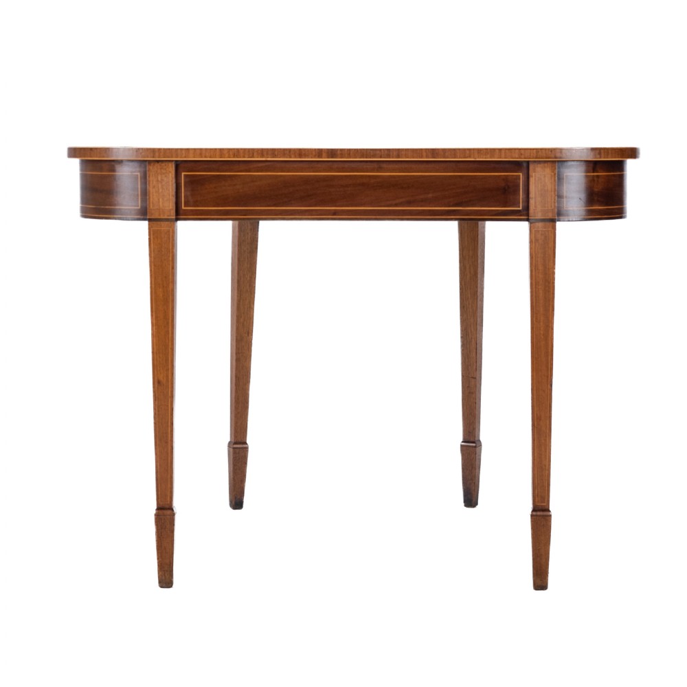 Georgian Satinwood, Rosewood Crossbanded Mahogany Console Fold-over Tea Table with Ebony, Boxwood Strung Inlaid Borders circa 1800 (Regency, George III) View XI