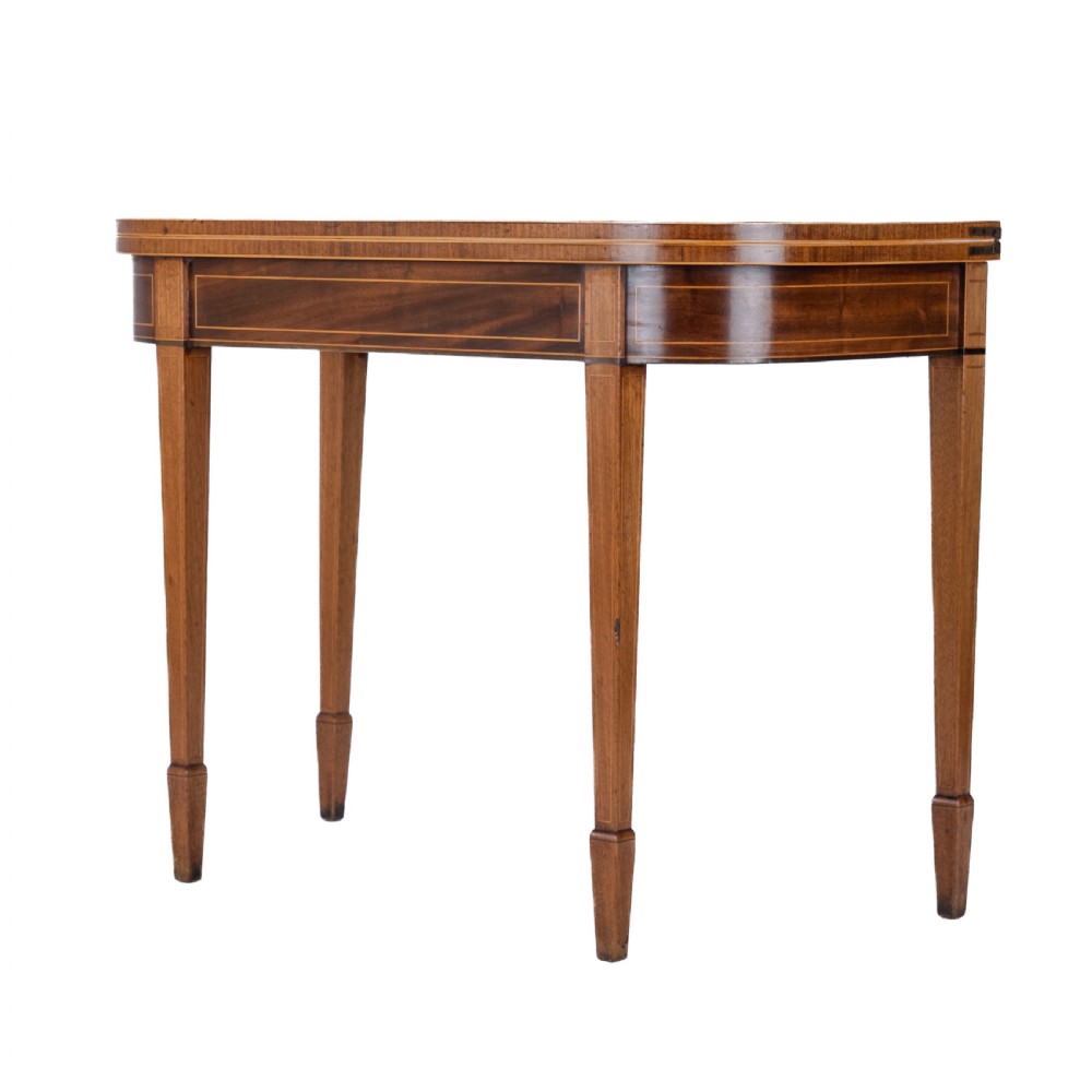 Georgian Satinwood, Rosewood Crossbanded Mahogany Console Fold-over Tea Table with Ebony, Boxwood Strung Inlaid Borders circa 1800 (Regency, George III) View XII