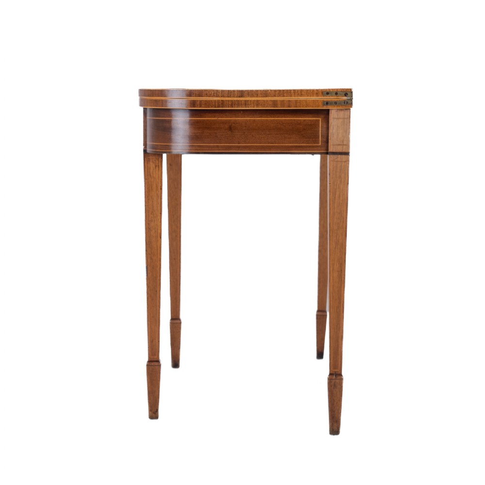 Georgian Satinwood, Rosewood Crossbanded Mahogany Console Fold-over Tea Table with Ebony, Boxwood Strung Inlaid Borders circa 1800 (Regency, George III) View XIII