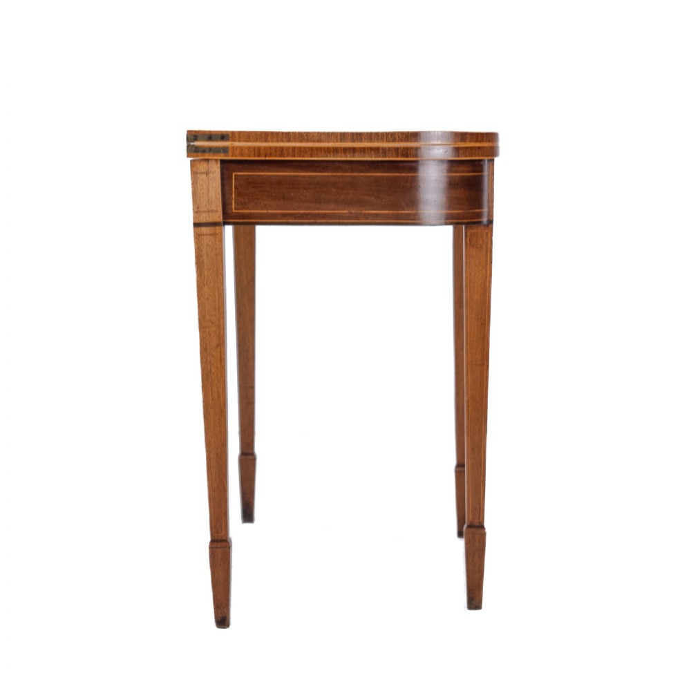 Georgian Satinwood, Rosewood Crossbanded Mahogany Console Fold-over Tea Table with Ebony, Boxwood Strung Inlaid Borders circa 1800 (Regency, George III) View XIV