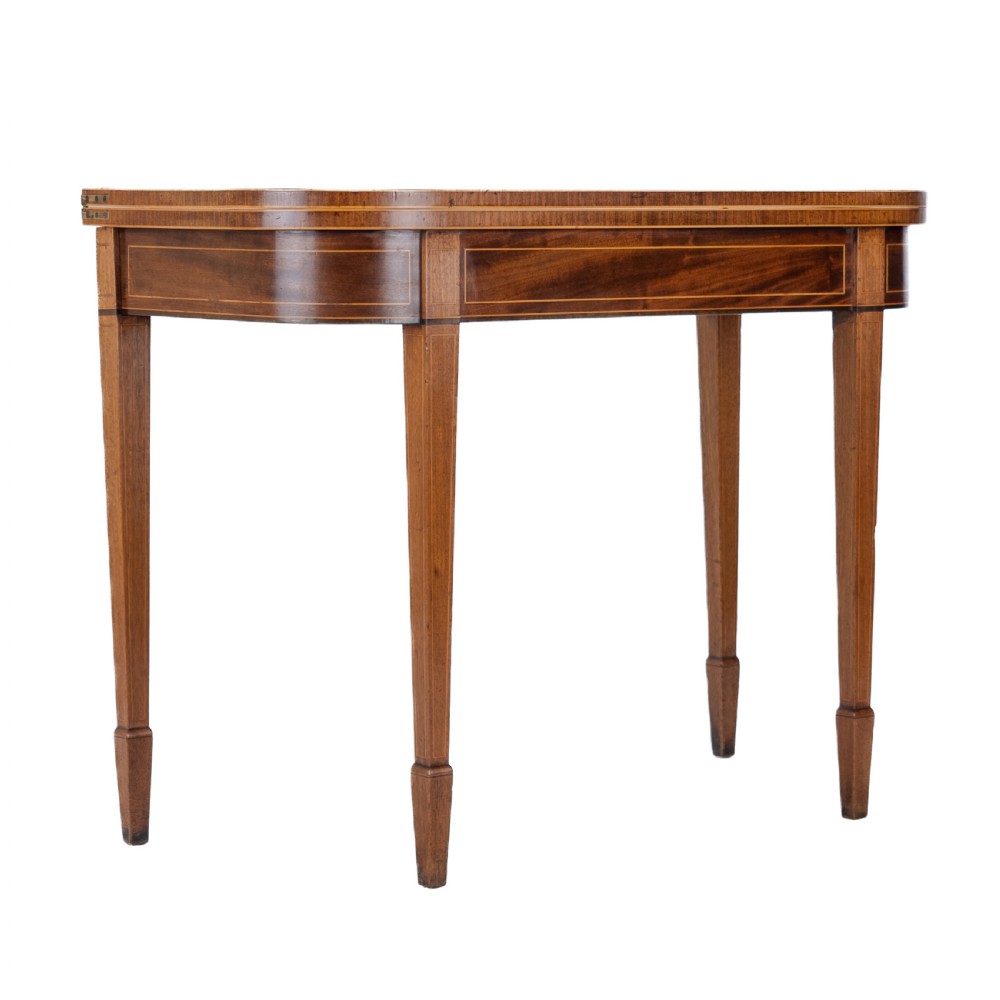 Georgian Satinwood, Rosewood Crossbanded Mahogany Console Fold-over Tea Table with Ebony, Boxwood Strung Inlaid Borders circa 1800 (Regency, George III) View XV