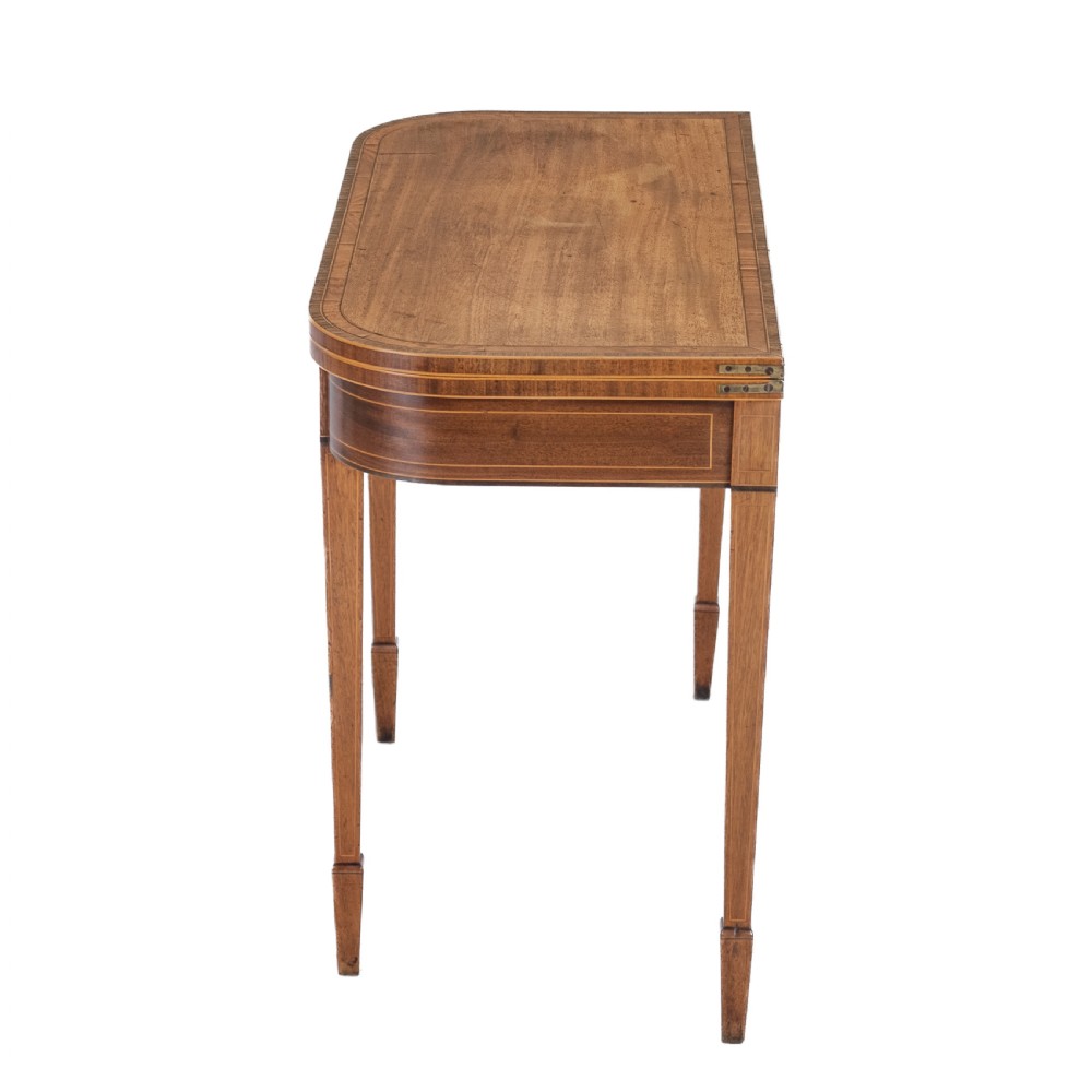 Georgian Satinwood, Rosewood Crossbanded Mahogany Console Fold-over Tea Table with Ebony, Boxwood Strung Inlaid Borders circa 1800 (Regency, George III) View XVI