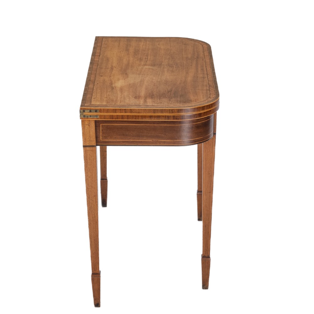 Georgian Satinwood, Rosewood Crossbanded Mahogany Console Fold-over Tea Table with Ebony, Boxwood Strung Inlaid Borders circa 1800 (Regency, George III) View XVII