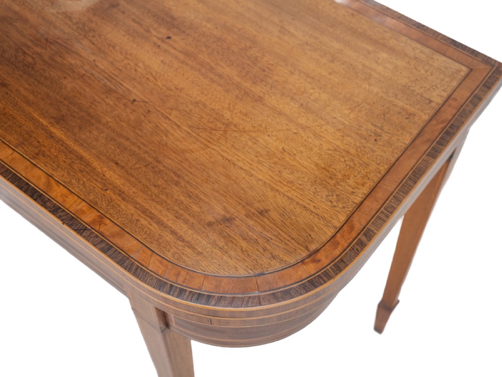 Georgian Satinwood, Rosewood Crossbanded Mahogany Console Fold-over Tea Table with Ebony, Boxwood Strung Inlaid Borders circa 1800 (Regency, George III) View XX