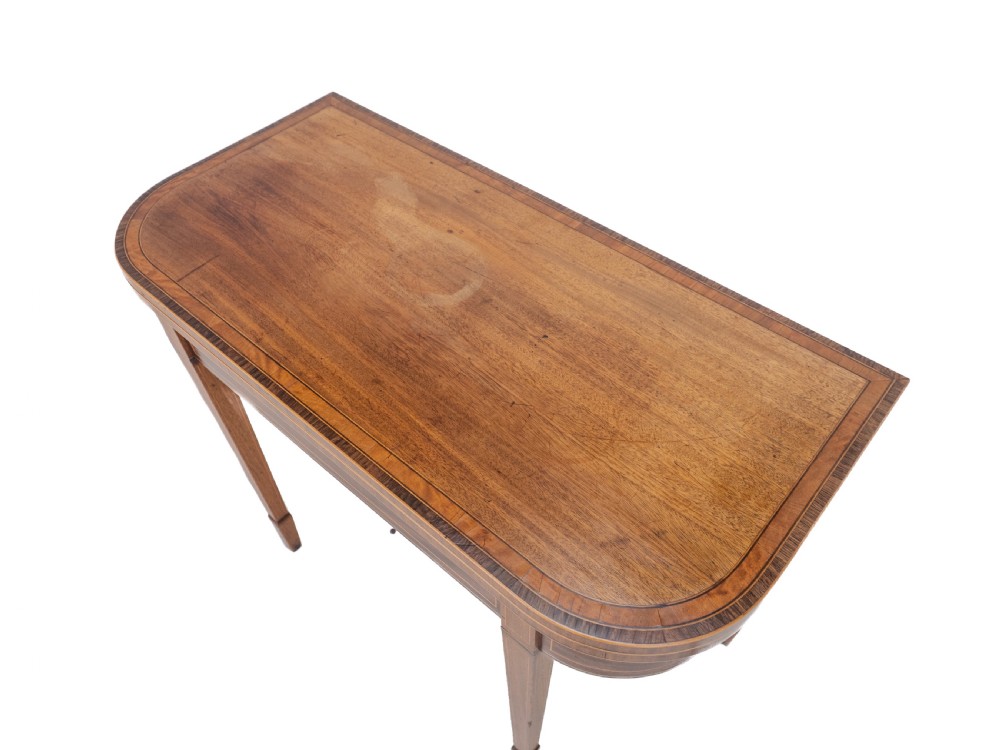 Georgian Satinwood, Rosewood Crossbanded Mahogany Console Fold-over Tea Table with Ebony, Boxwood Strung Inlaid Borders circa 1800 (Regency, George III) View XXI