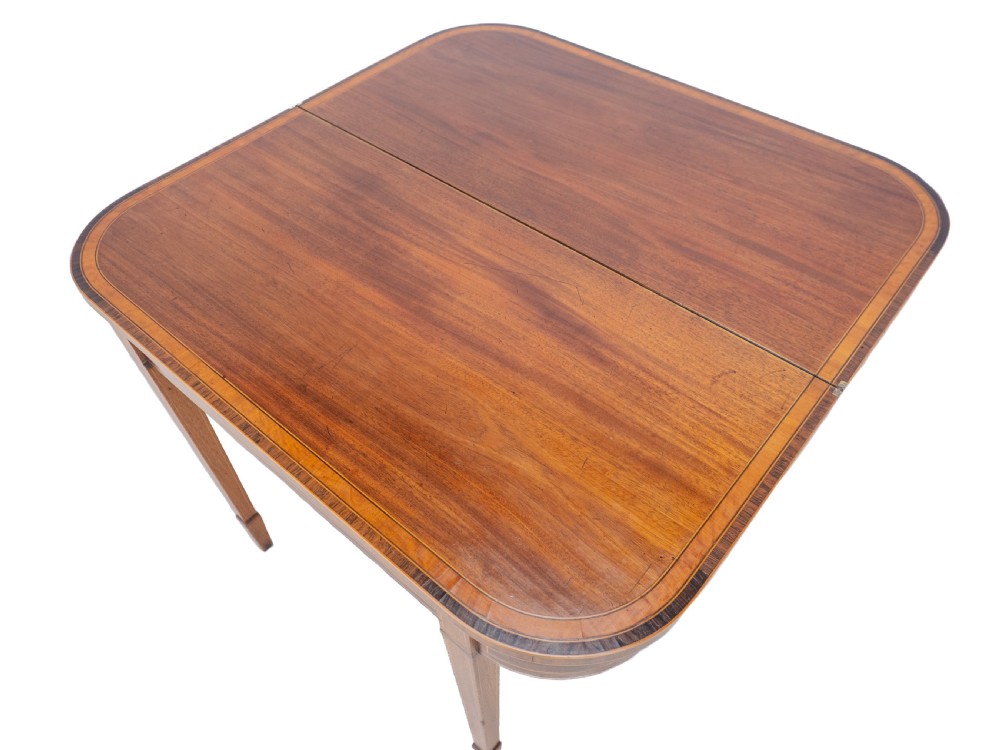 Georgian Satinwood, Rosewood Crossbanded Mahogany Console Fold-over Tea Table with Ebony, Boxwood Strung Inlaid Borders circa 1800 (Regency, George III) View XXII